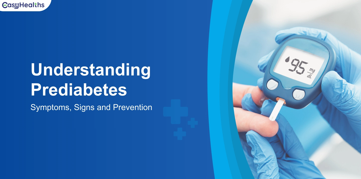 Close-up of gloved hands using a blood glucose meter on a finger, showing a reading of 95 mg/dL. The image is associated with text about understanding prediabetes, its symptoms, signs, and prevention.